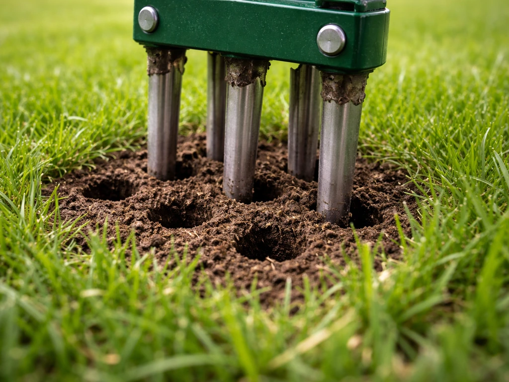 Gazonprikker maakt zichtbare gaatjes in een grasmat, met opengewerkte bodem tussen de pollen.