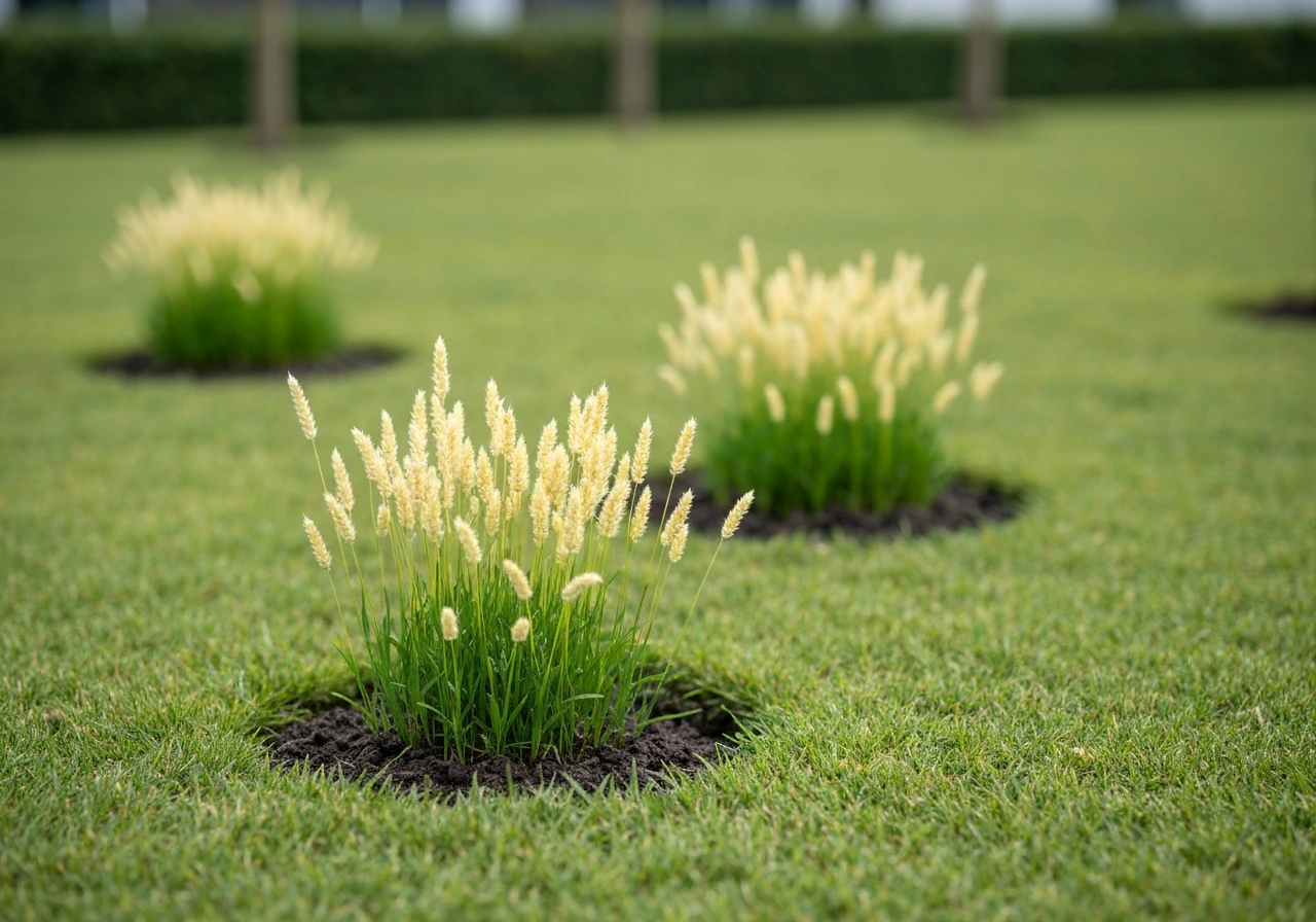 Nieuw ingezaaid gazon met duidelijk gele, ongelijk opkomende sprieten naast wat groener gras.