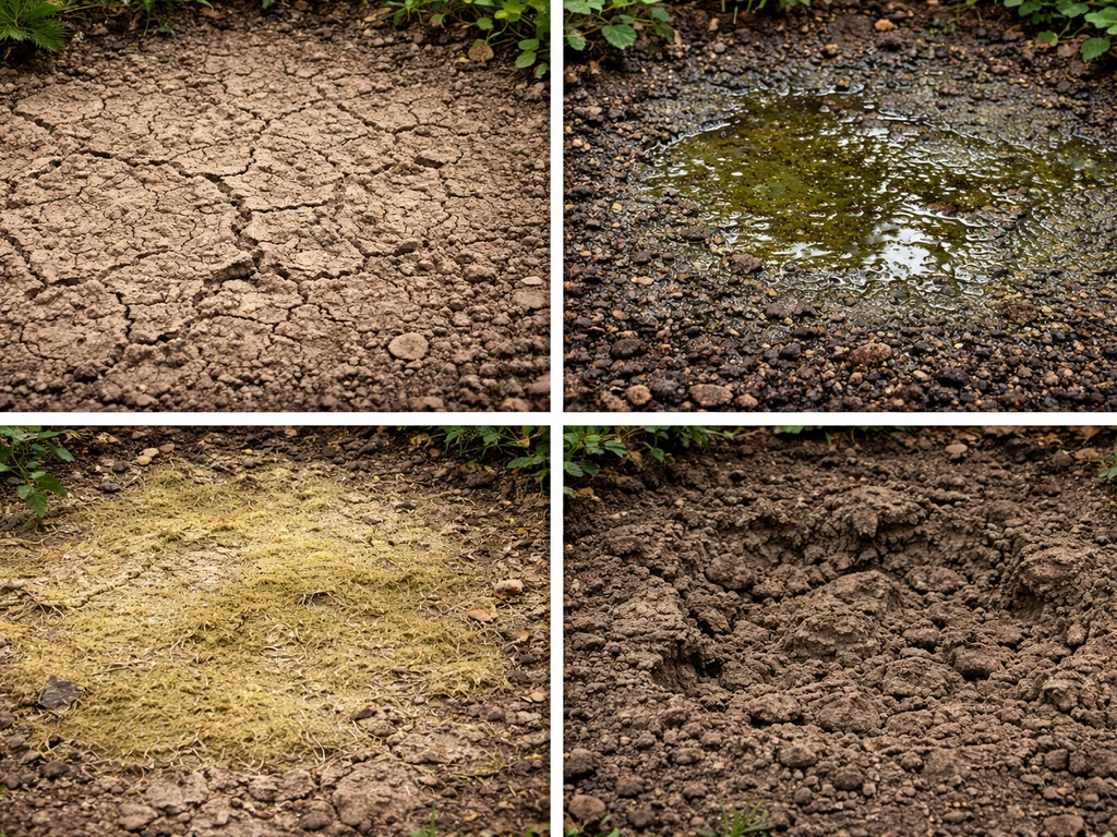 Overzicht van vier naast elkaar zichtbare plekken: droog met korst, slijmerig door wateroverlast, ingezakt, en egale gee
