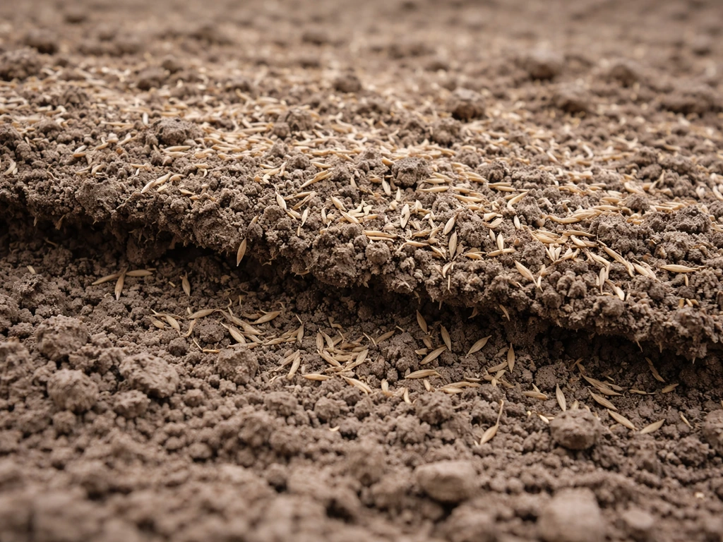 Close-up van losliggende grond met zichtbaar graszaad zonder goed aangedrukt bodemcontact.