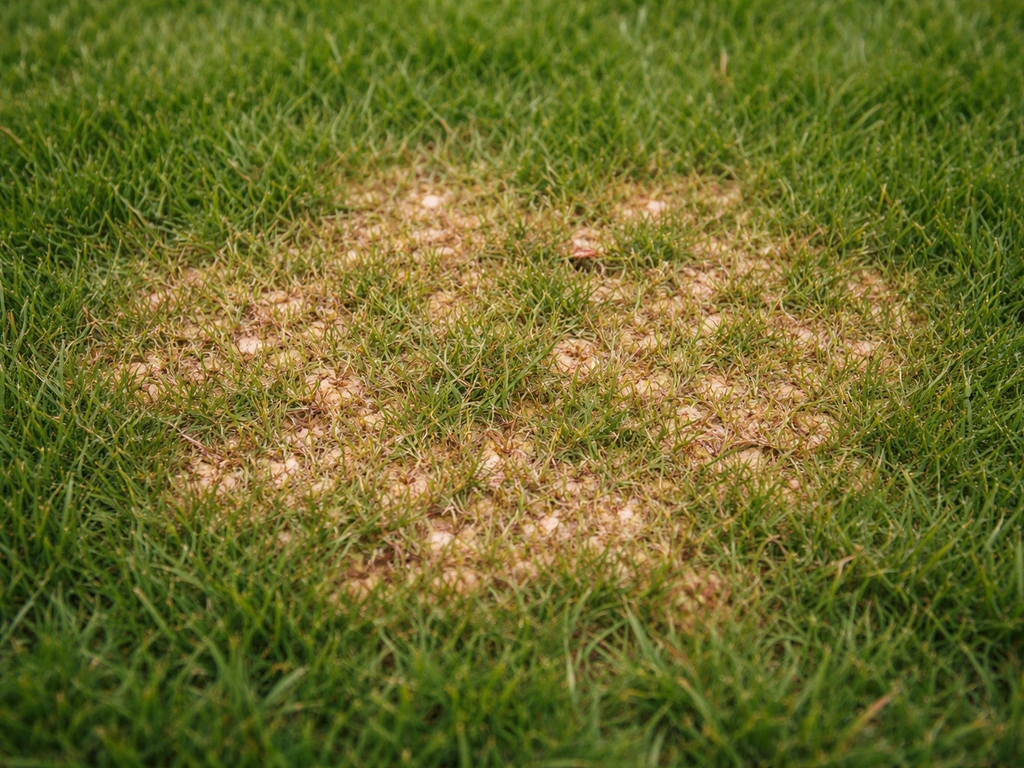Geelbruine plekken en kleine bleke vlekjes met licht roodbruine rand op een nieuw gazon door rooddraad en dollarspot.