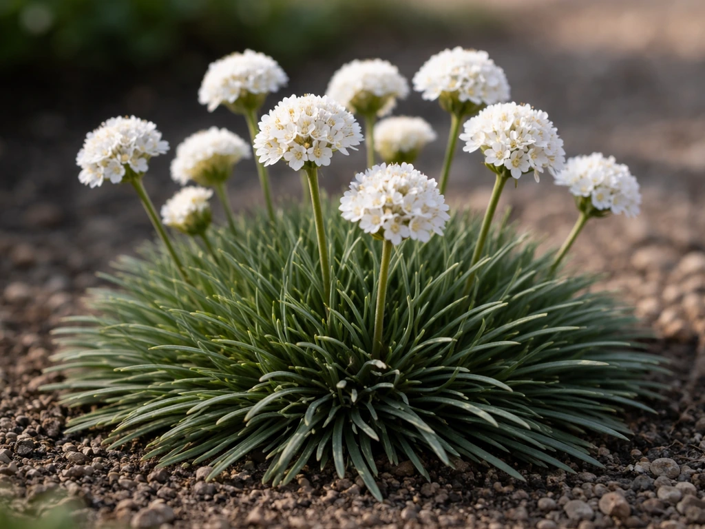 Close-up van Engels gras Alba met witte bloemetjes en bladrozetten in een tuinbed