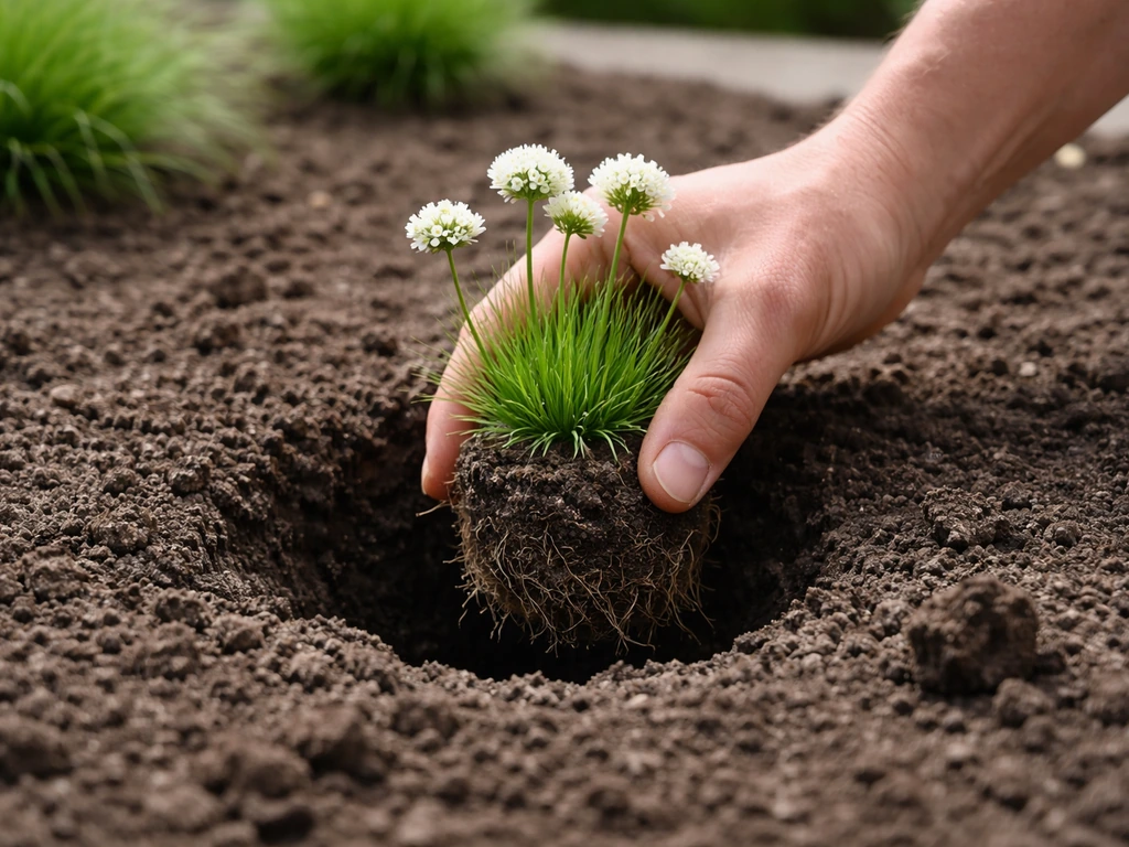 Hand plaatst jonge Engels gras Alba plant in een plantgat in een plantvak, bodemstructuur zichtbaar.