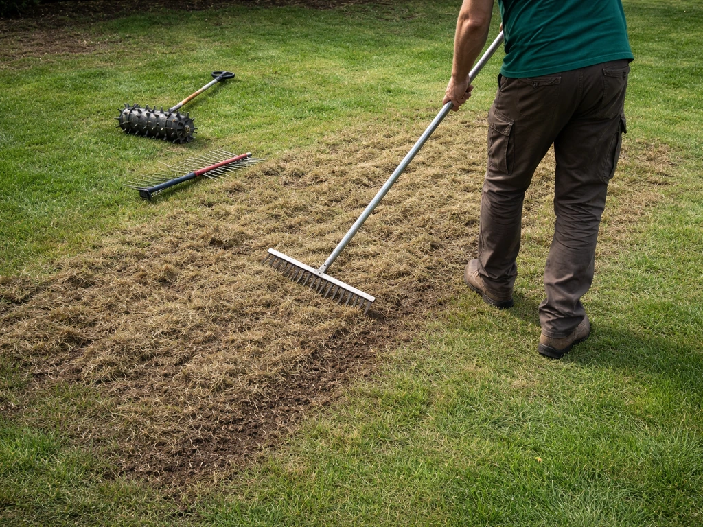Tuinman verticuteert een gazon; zichtbaar vilt en beluchtingsprikker op de achtergrond