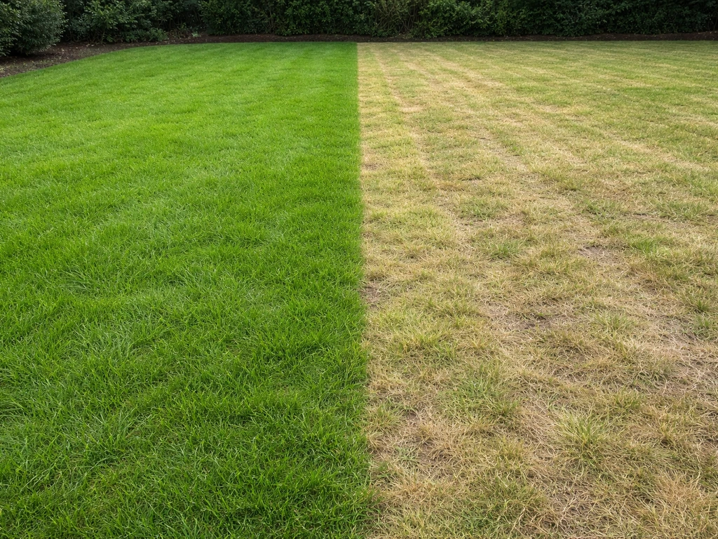 Twee helften van een NL-gazon: links frisgroen, rechts vaal en dun, met een verzorgde tuinrand