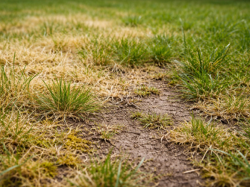 Close-up van geel en vaal gras met kale, dunne plekken in een Nederlands gazon