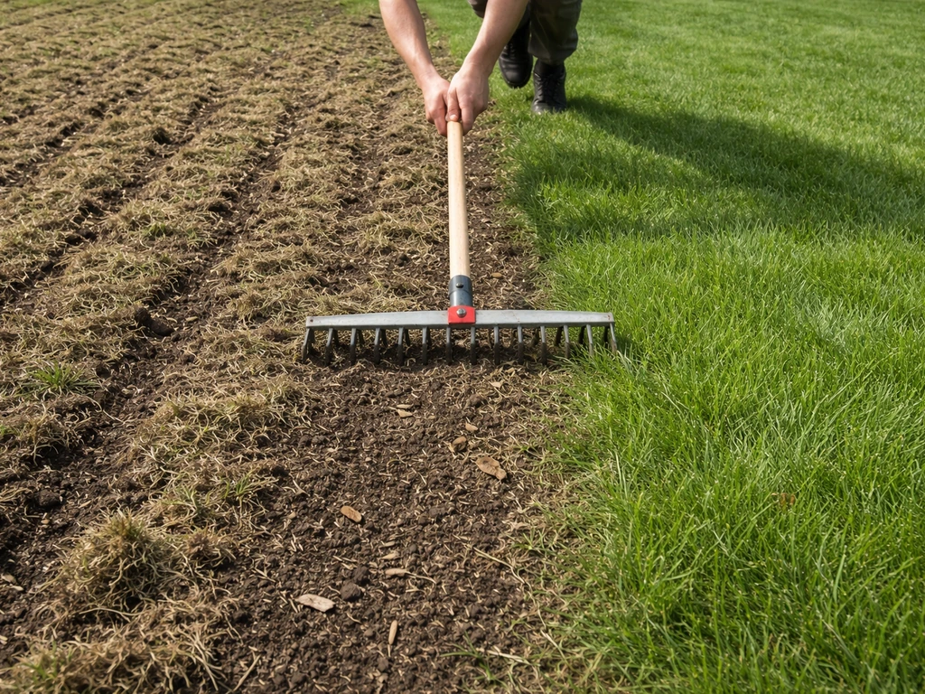 Verticuteren op een gazon: opengewerkte stroken vilt tegenover intact gras, met verticuteerhark in actie.