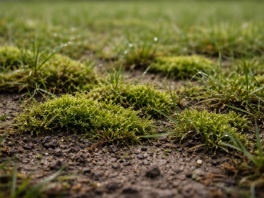 Mosrijke, zure gazonbodem met mosflarden en weinig gras, close-up op natte aarde na regen.