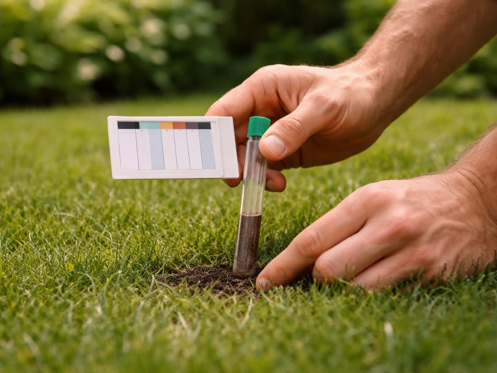 Handen met bodem-pH testset terwijl een buisje/staafje in het gazon in de grond wordt gestoken.