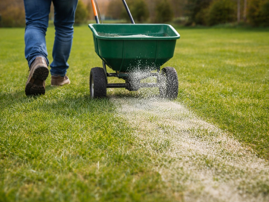 Handstrooier die gelijkmatig kalk uitwerpt over een gazon, met duidelijke strook in natuurlicht.