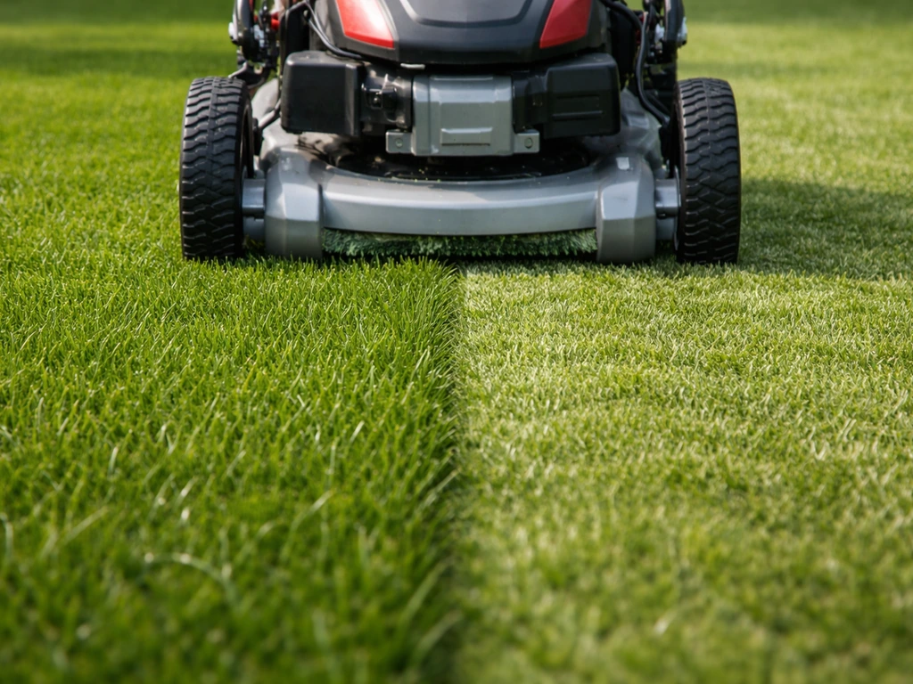 Close-up van een grasmaaier die een gazon op 4–5 cm maaihoogte gelijkmatig afsnijdt.