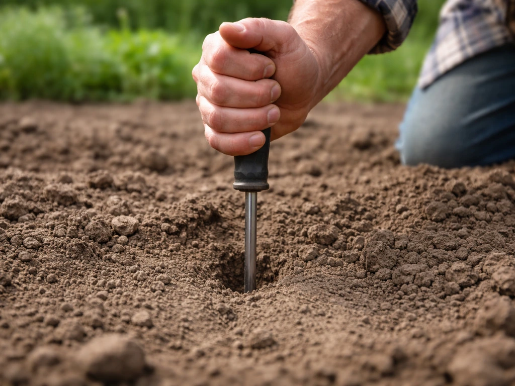 Landbouwer steekt een mes of schroevendraaier ongeveer 10 cm in de grond; bodem voelt duidelijk stevig door weerstand.