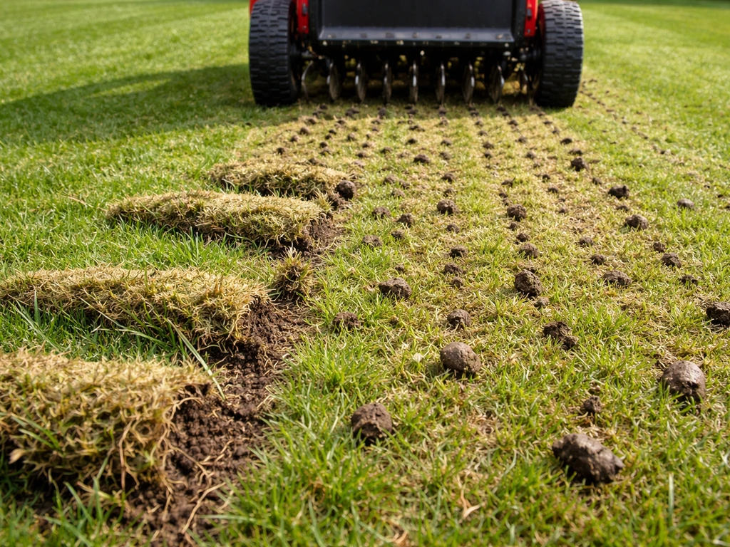 Tuiniermachine belucht het gazon; losgetrokken vilt- en moslaag ligt zichtbaar naast het gras.