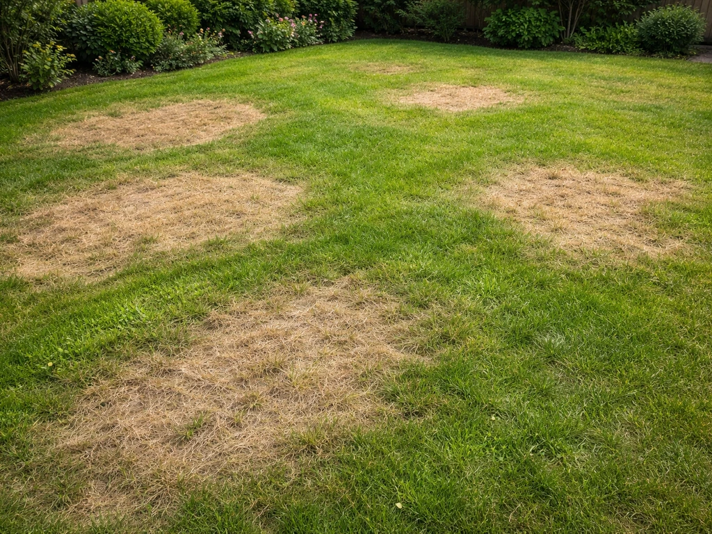 Bovenaanzicht van een Nederlands gazon met bruine herstelde plekken en overgang naar groen.