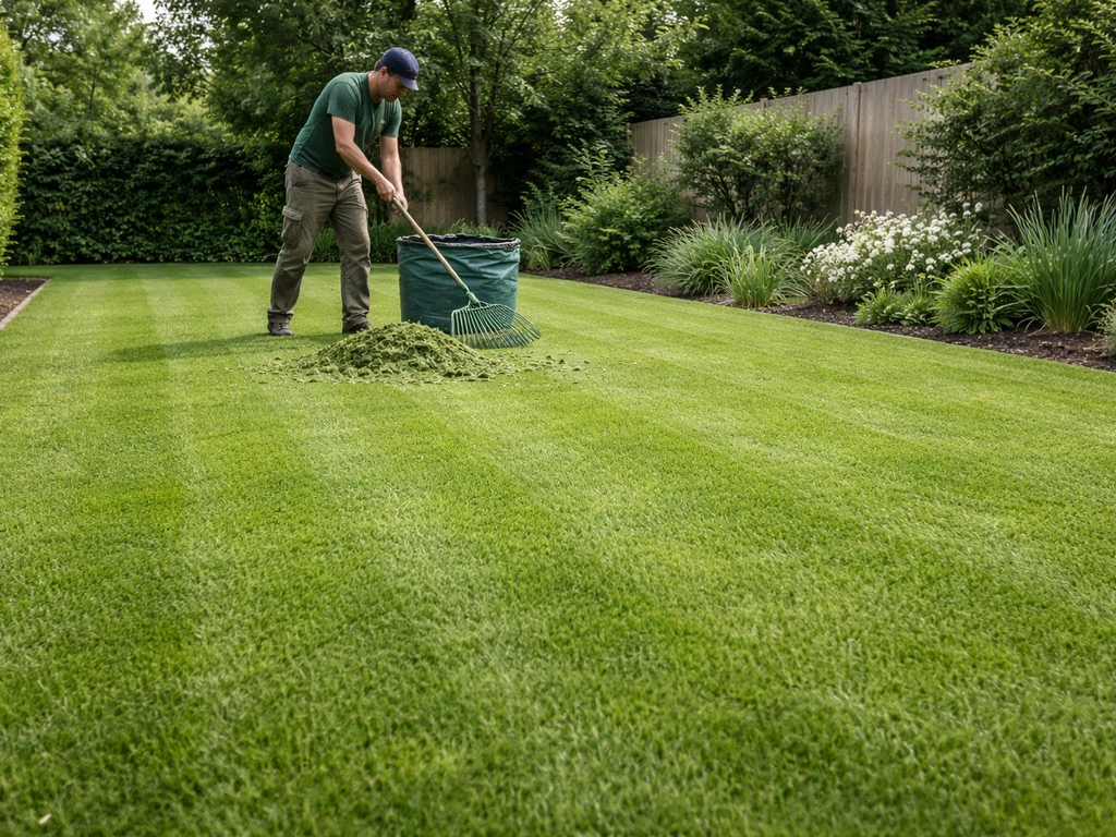Tuinman die gemaaid gazon beoordeelt en bladeren/maaisel opruimt, klaar voor verticuteren of beluchten.