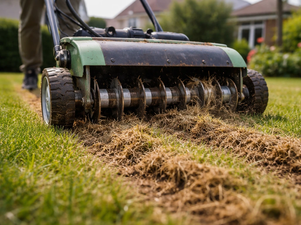 Verticuteerrol en beluchtingsmachine die grasmat losmaken, met opengewerkte stroken in een tuin