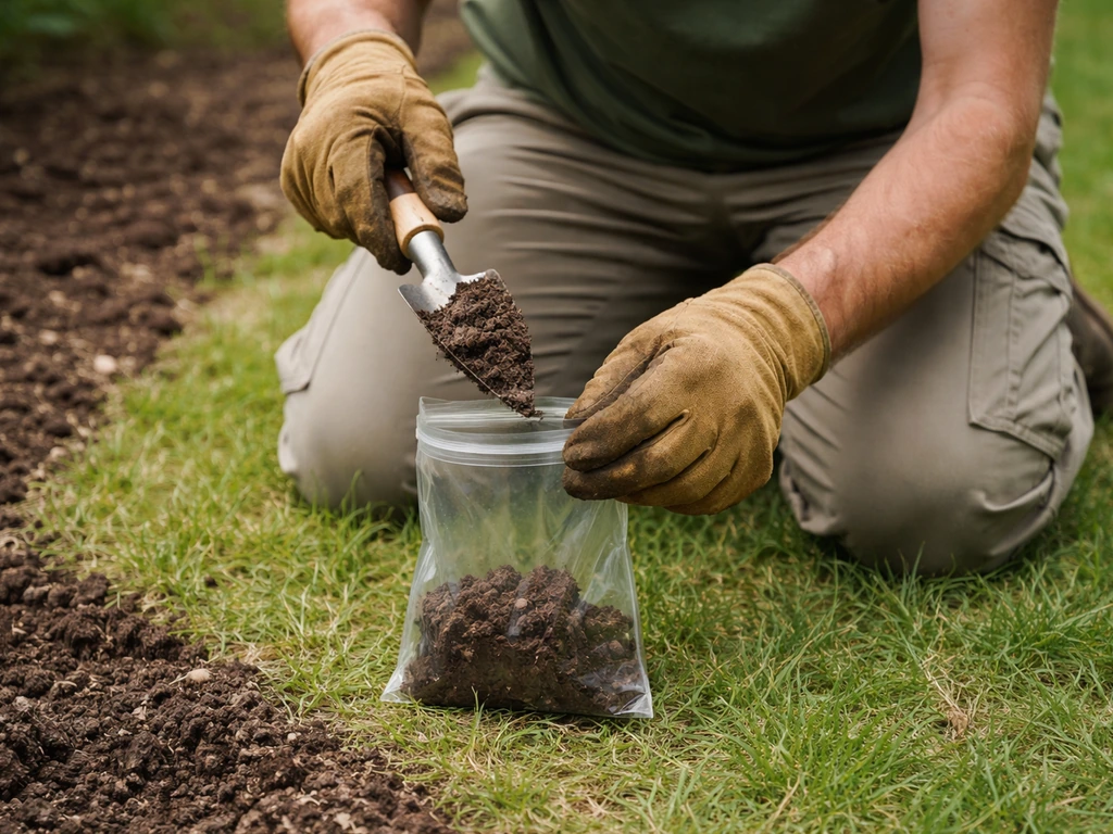 Tuinman knielt bij de grond en houdt een klein grondmonster in een handschoen vast voor analyse.