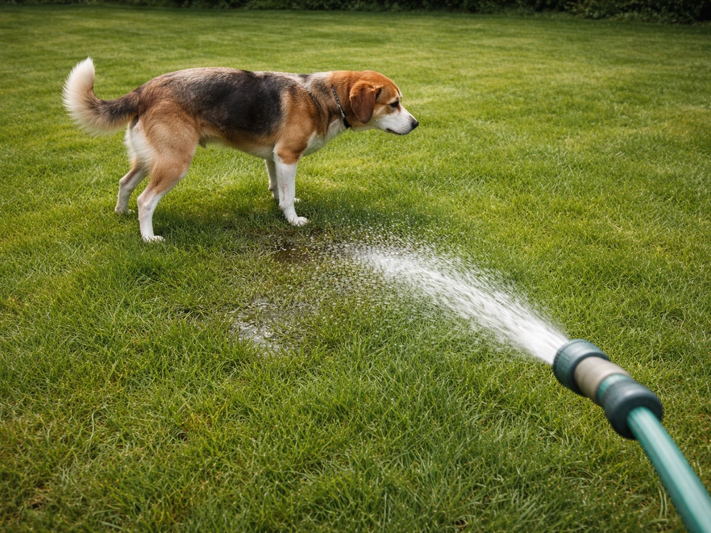 Hond die net plast op het gazon, terwijl water direct de plek naspoelt om schade te voorkomen.