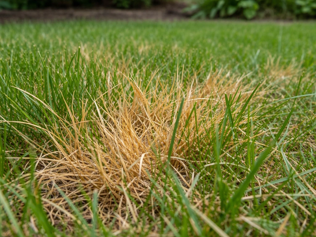Close-up van geel en bruin gras met zichtbare stressplekken in een tuin, met gezond groen eromheen.