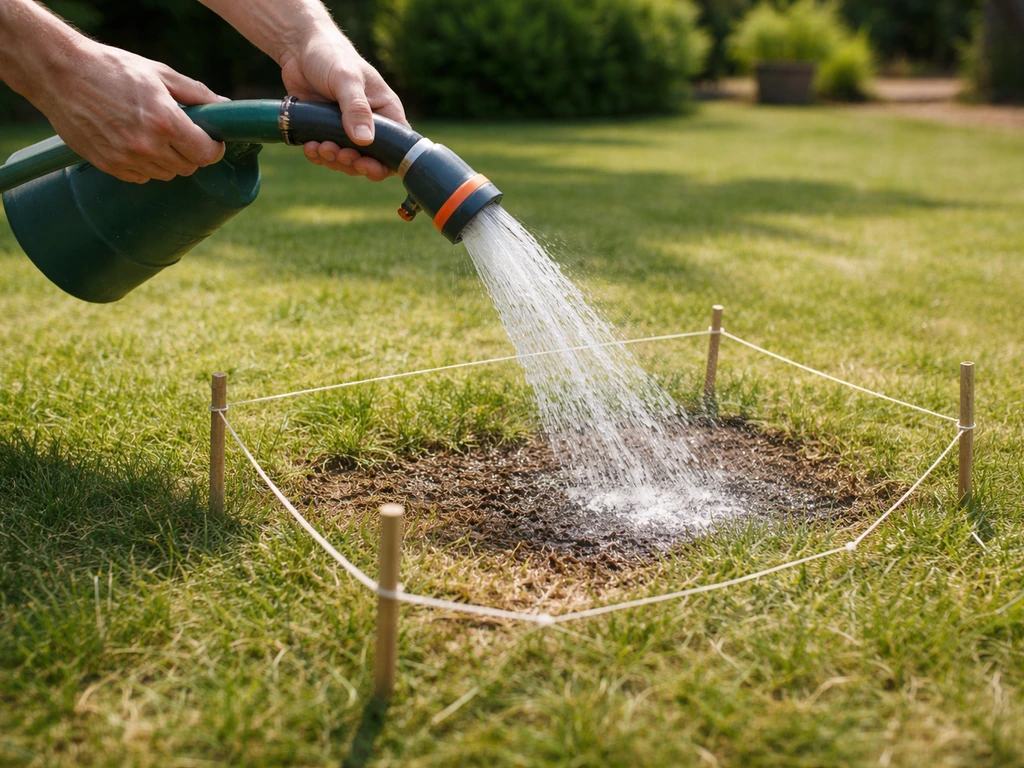 Tuinman die een verschroeide plek doorspoelt met gieter en tuinslang, met afgebakende brandvlek op gras