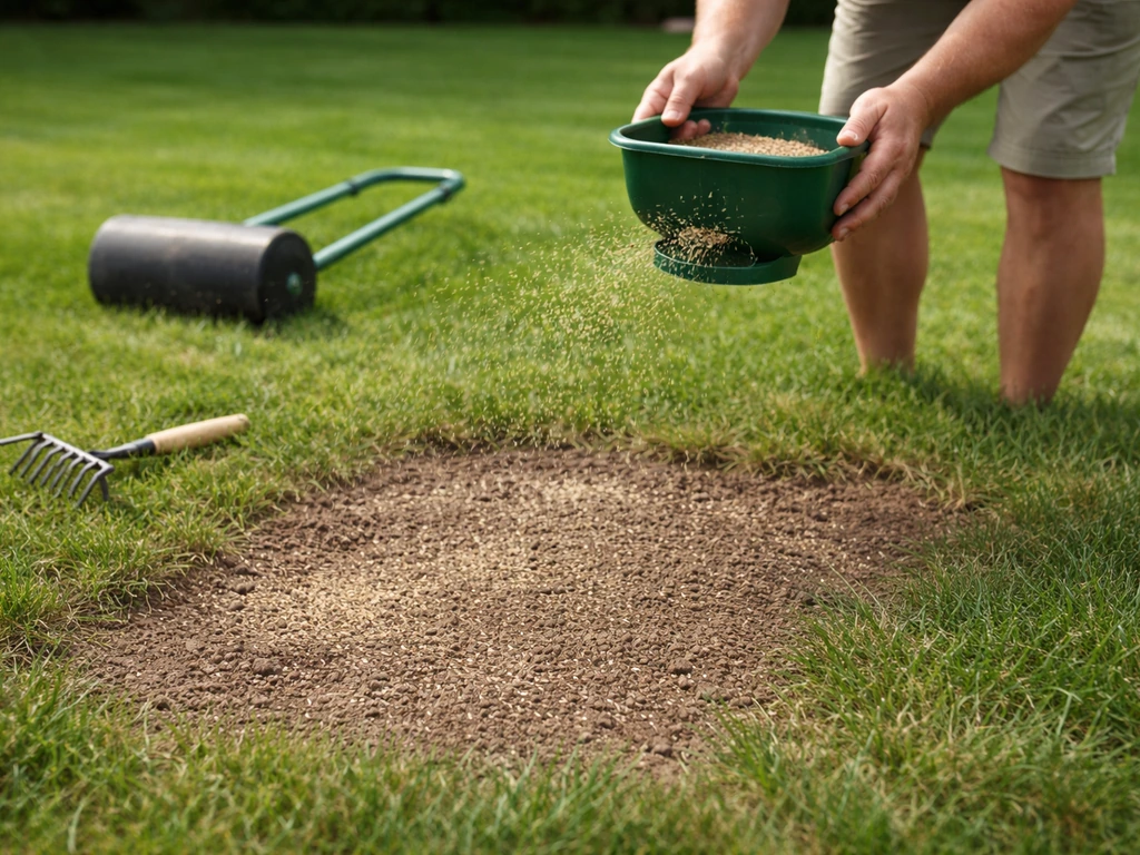 Hand die graszaad gelijkmatig uitstrooit over kale plekken in een Nederlands gazon, daarna lichte verdichting.