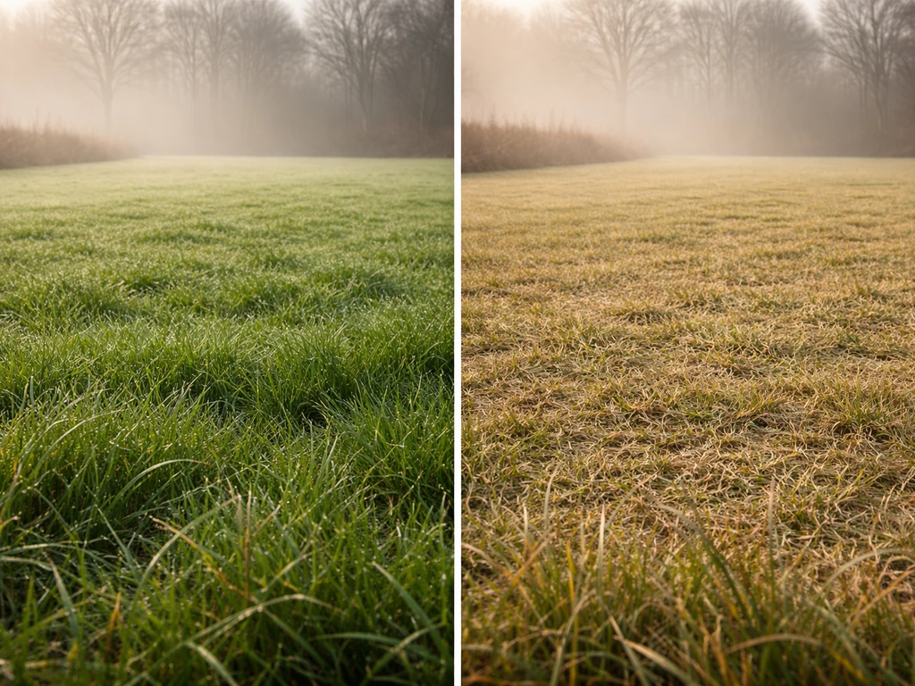 Minimalistisch splitsbeeld: wintergroen gazon tegenover lager-gemaaid gazon, beide zonder mensen.