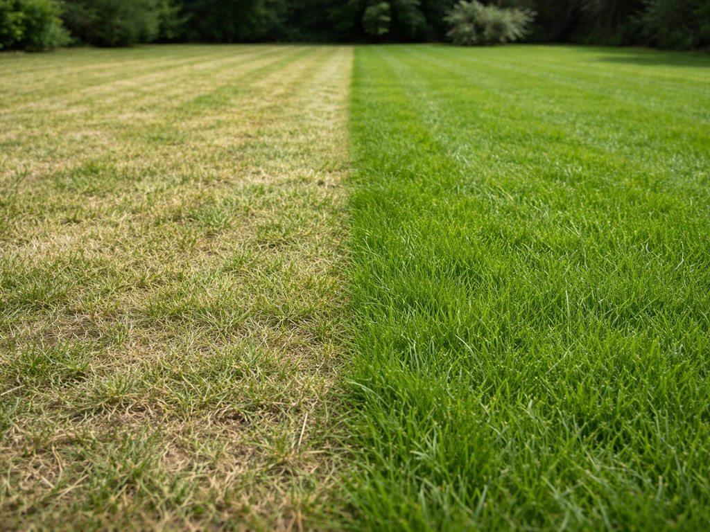 Gazon links te kort en schraler, rechts voller en groener met hogere maaihoogte.