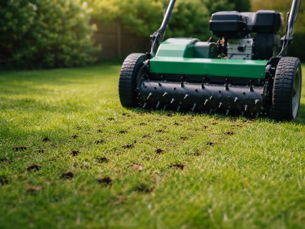 Tuinman belucht het gazon met een beluchtingsmachine; kleine bodemopeningen zijn zichtbaar