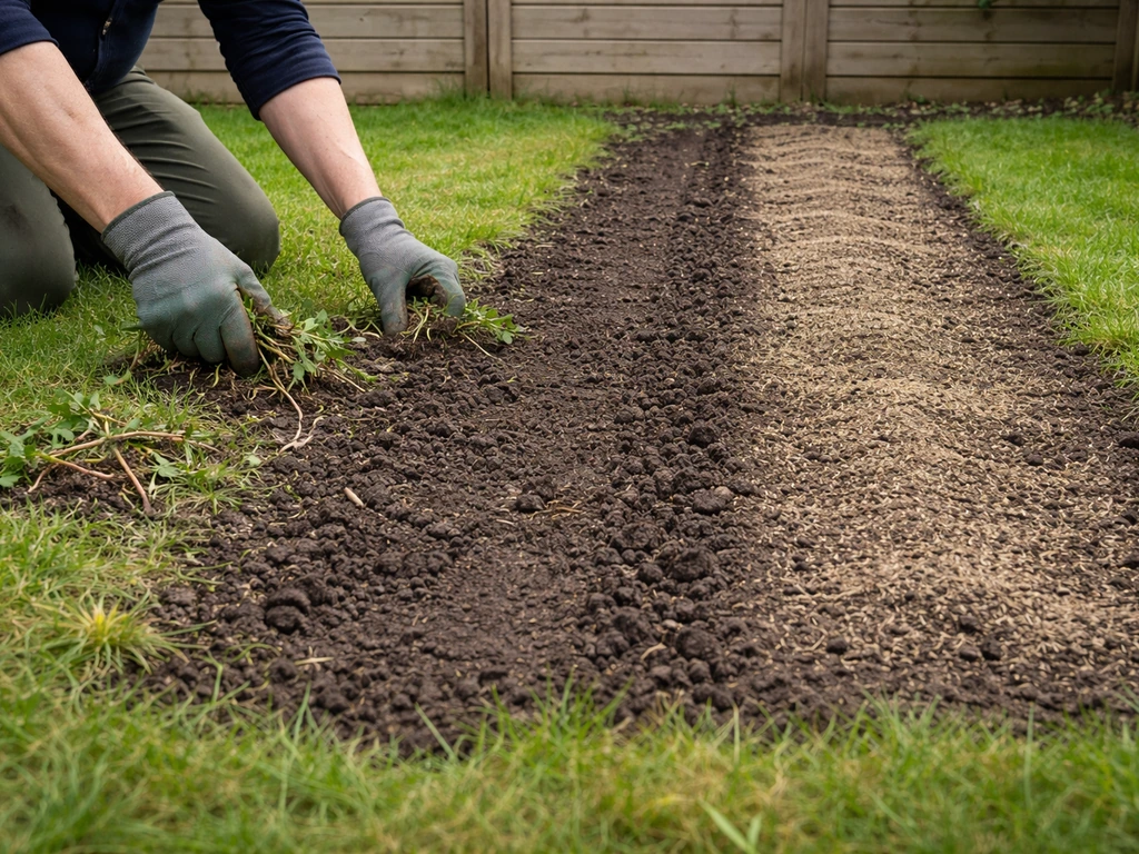 Twee stroken gras: links kale plek met onkruid verwijderd, rechts verse zaaigrond met afdekking