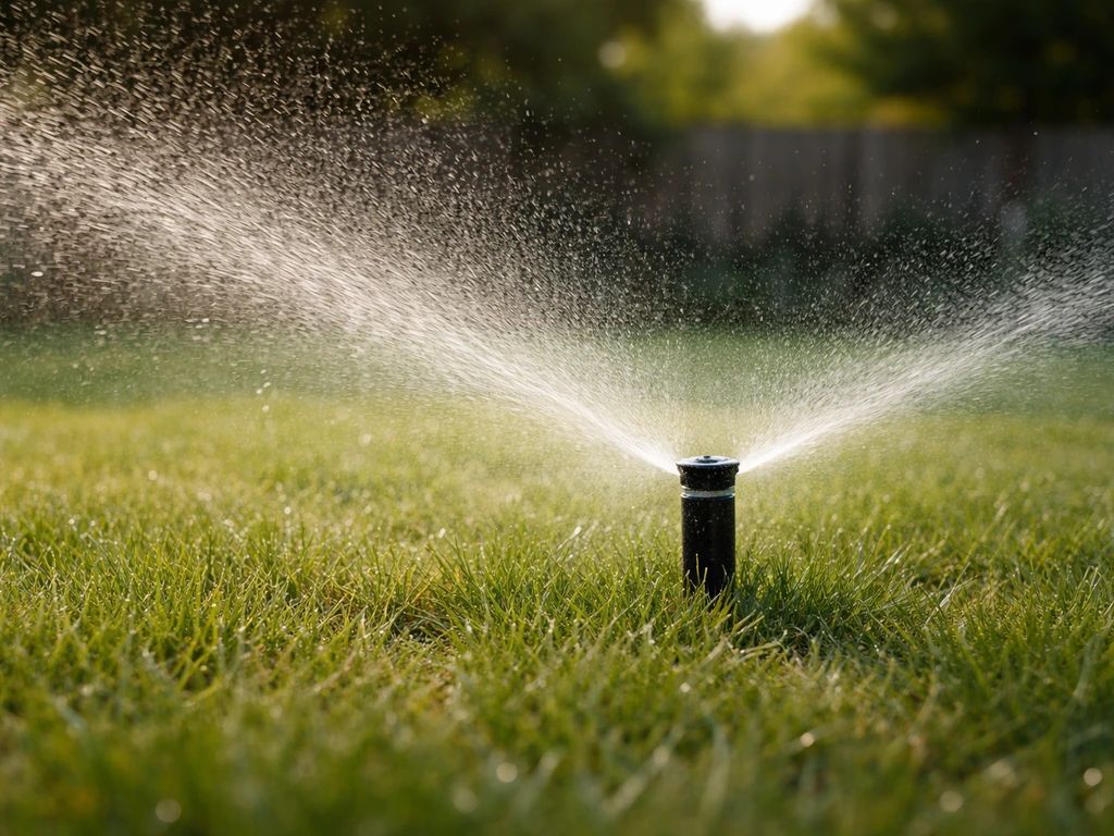 Sproeikop op een gazon die gelijkmatig water vernevelt tijdens droog weer.