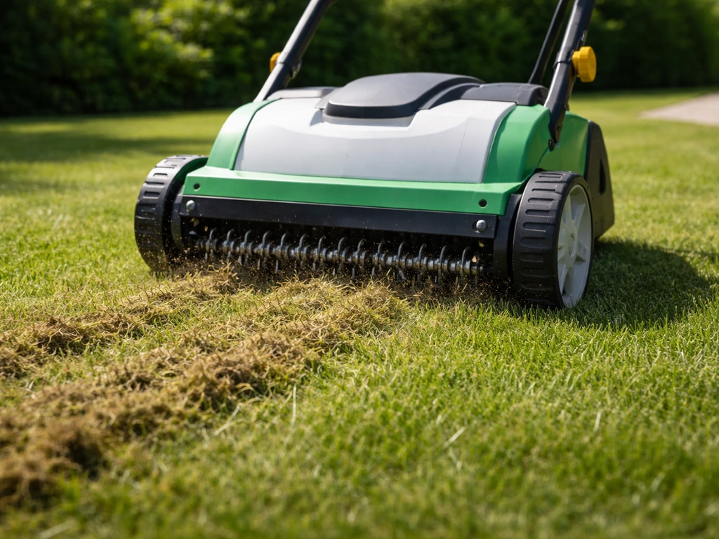 Verticuteermachine op een gazon die vilt en verdichting aanpakt, met zichtbare stroken grasbehandeling