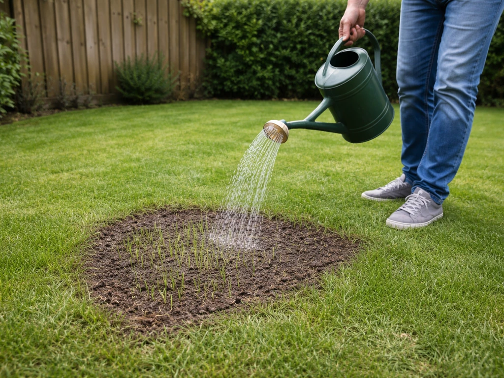 Tuinier met gieter die een kale plek in het gazon direct doorspoelt, met zichtbaar opkomend gras