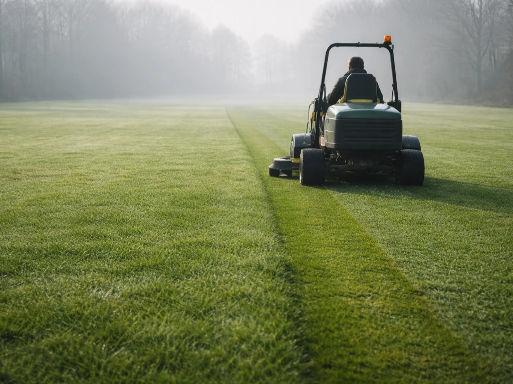 Wintergroene gazonlook in Nederland, een maaier houdt een smalle strook gras bij in het vroege voorjaar.