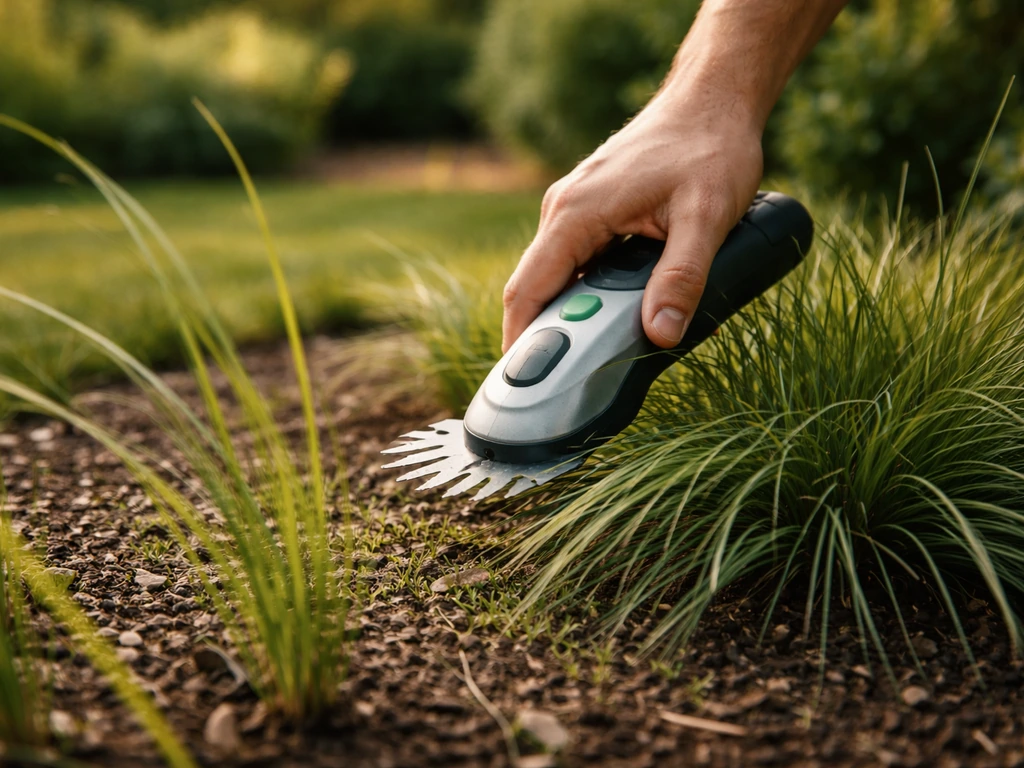 Hand die groenblijvend siergras bijwerkt in een rustige Nederlandse tuin, natuurlijk licht en minimale achtergrond.