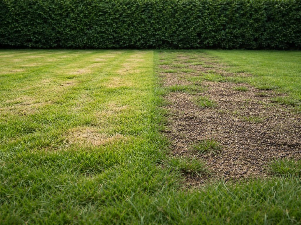 Geel gras met rafelige messen en een aparte strook met herstel door licht harken en doorzaaien