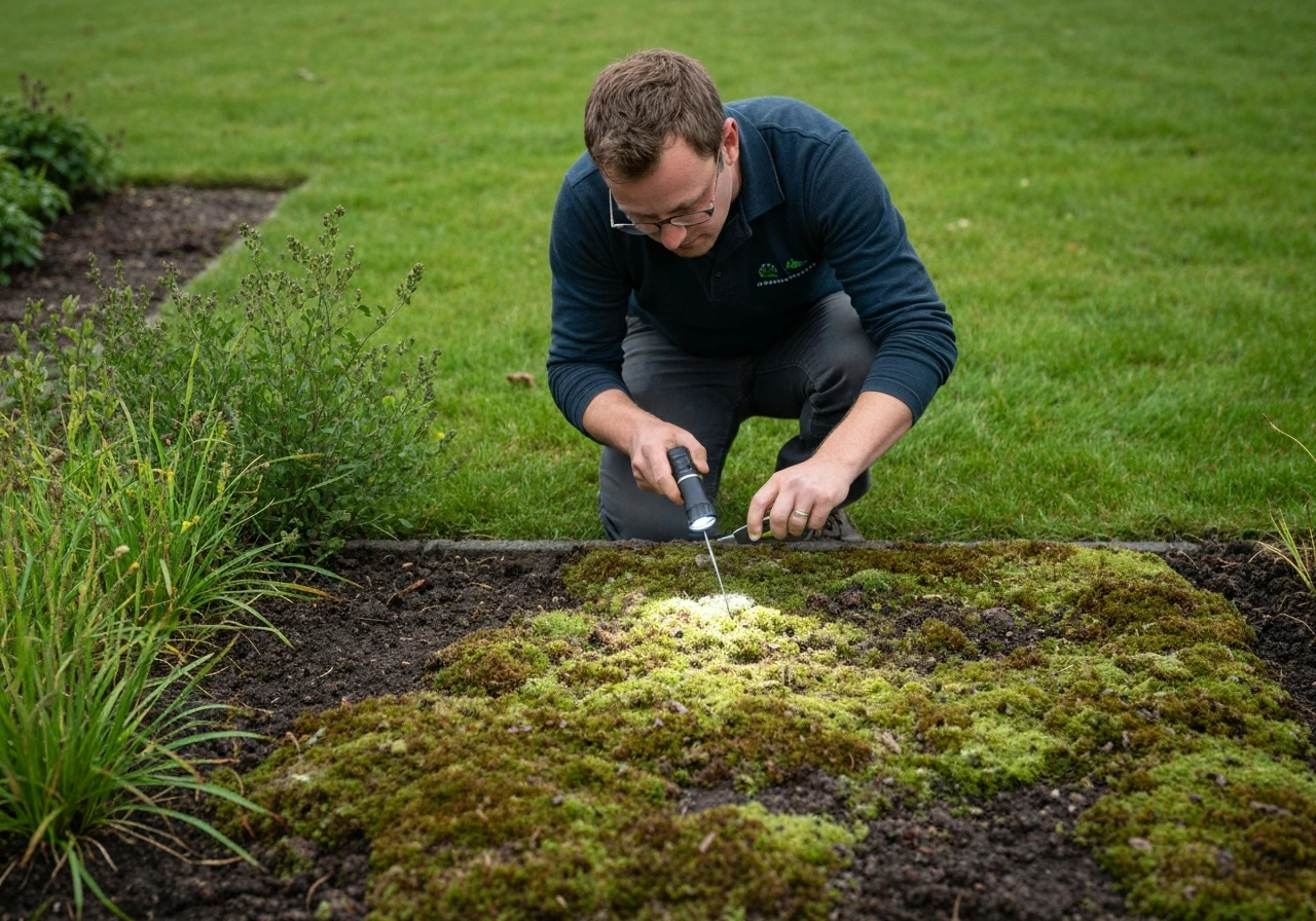 Tuinier knielt bij een gazon met kale plekken, inspecteert met meetlat en zaklamp.