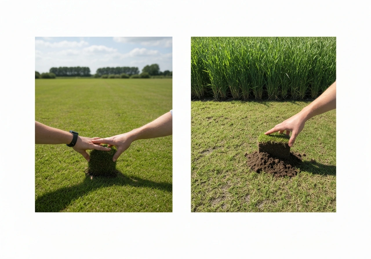 Links een bestaand gazon met uitgestrooid graszaad, rechts een nieuw ingezaaide strook na omspitten en egaliseren.
