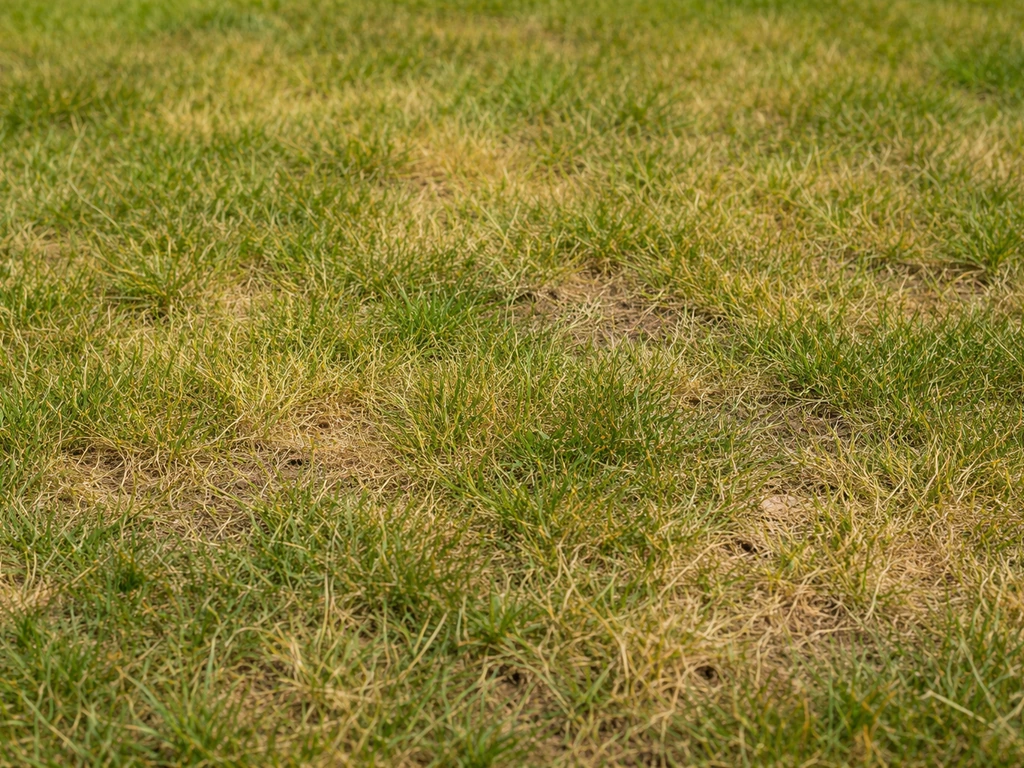 Close-up van geel en dof gazon met duidelijke kleurverschillen en kleine kale plekjes