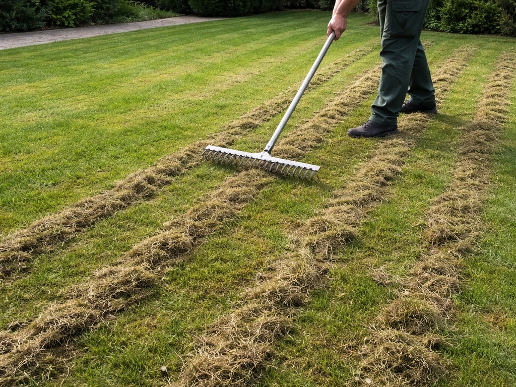 Een verticuteerhark die over een gazon trekt, met zichtbaar vilt en losse resten na het verticuteren.