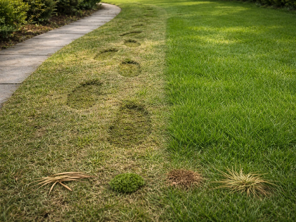 Voetafdrukken blijven zichtbaar in schraal gazon, met daarnaast veerkrachtig groen gras als contrast