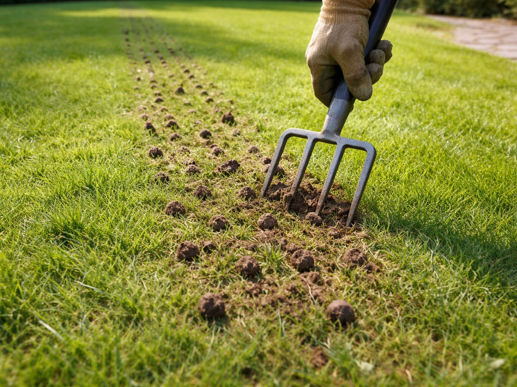 Tuinier prikt met een tuinvork de grasmat door; aardeplugjes komen omhoog langs een doorprikte strook.