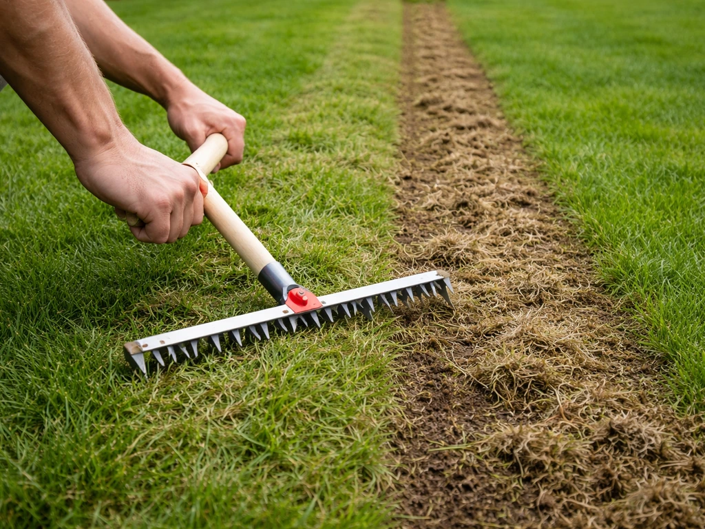 Tuinier verticuteert een gazon; een verticuteerhark haalt een strook vilt en grasresten los