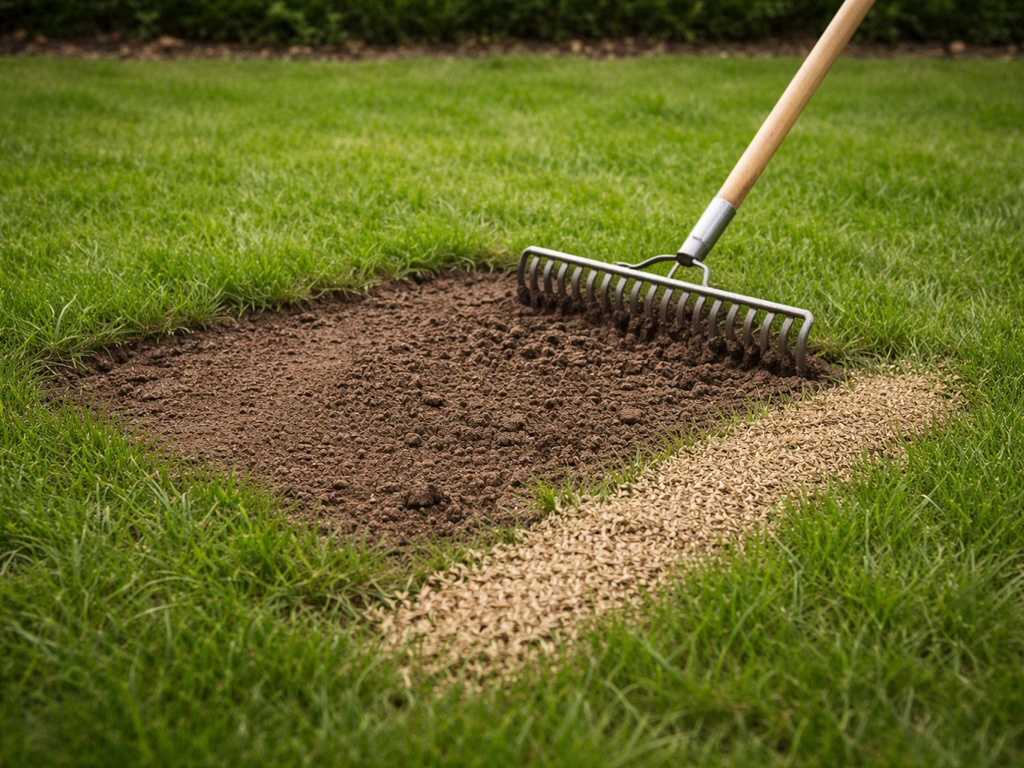 Kale plek in een gazon met tuinhark en uitgestrooid graszaad, duidelijk contrast met groen gras.