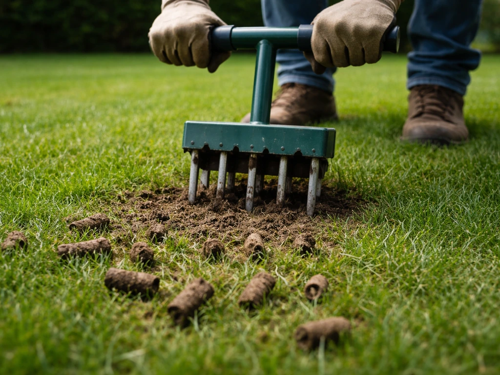 Een beluchter maakt gaatjes in het gazon en pluggetjes aarde komen los uit de grond.
