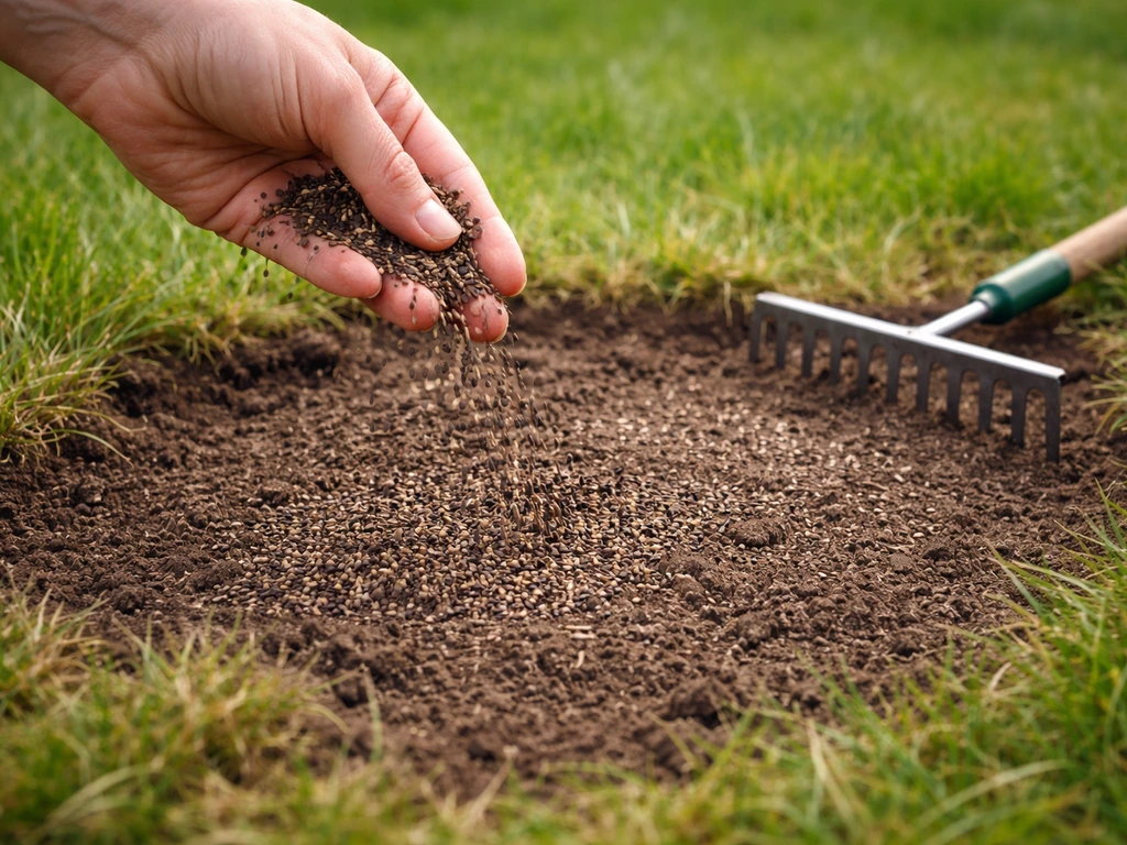 Hand strooit gazonzaad over een kale grasplek; zaad is zichtbaar als het licht wordt ingeharkt in de grond.