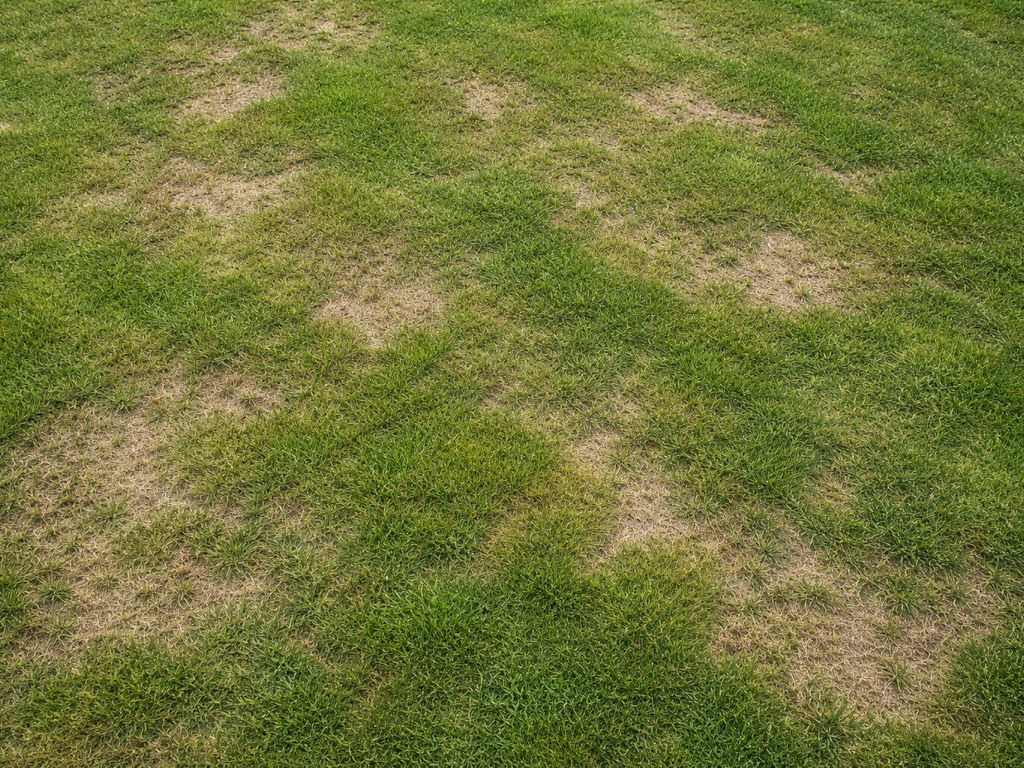 Bovenaanzicht van een gazon met kale plekken en ongelijk groen gras, met herstelnadruk.