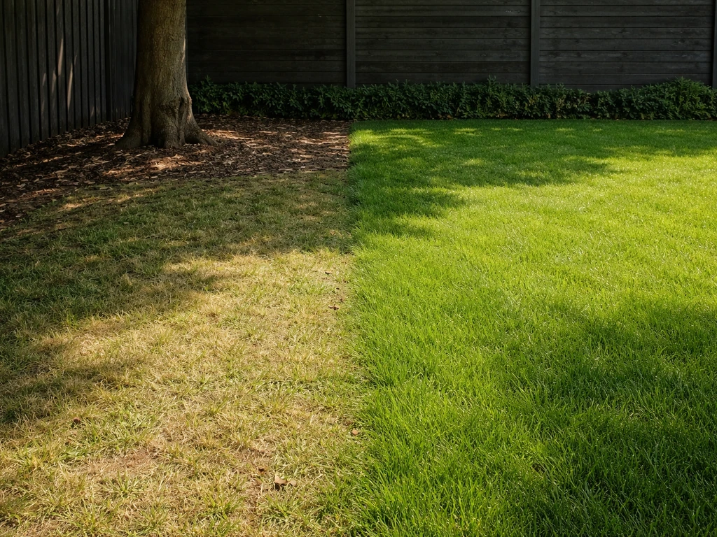 Zelfde tuin met een boom en schaduwplek: duidelijk minder groen gras versus zonnige, gezonde grasrand