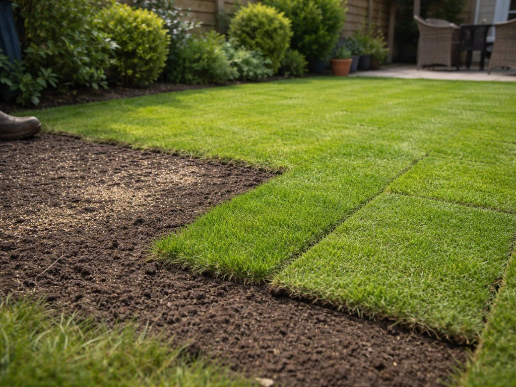 Twee stukken tuin: kleine kale plek met ingezaaide stroken graszaad en grotere herstelde zone met graszoden.