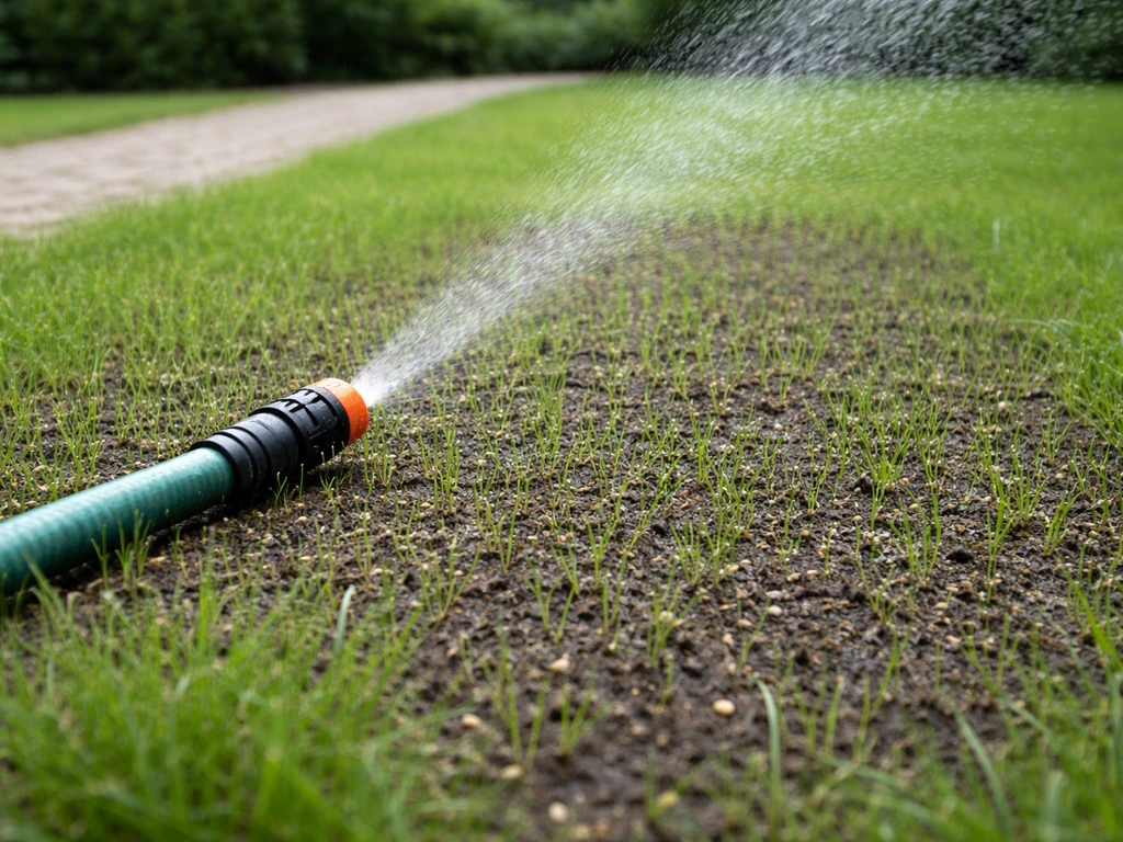 Vers ingezaaide gazonstrook die net wordt besproeid, met zichtbaar vochtig kiembed in een rustige tuin.