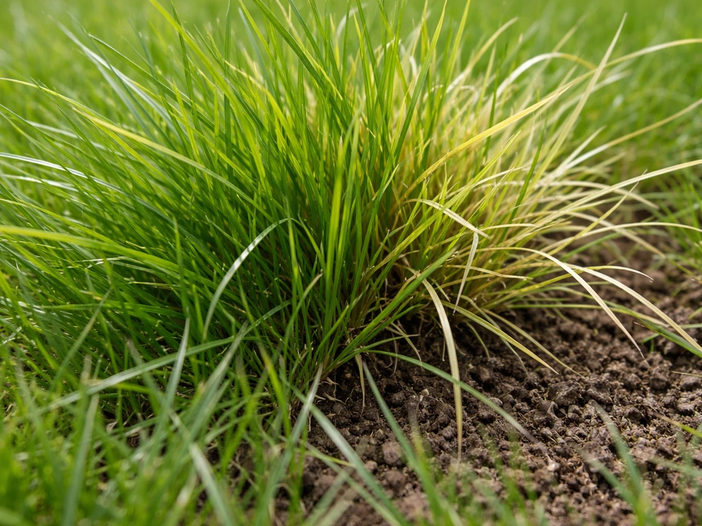 Close-up van gras met lichtgroene en gelige sprieten, met zicht op aarde voor een snelle vochtcheck.